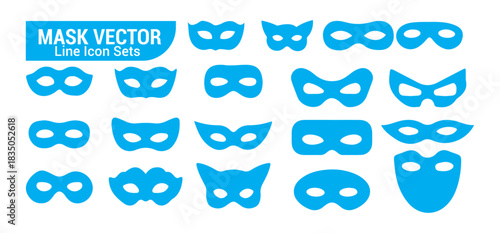 Super hero masks vector line icon sets on white background in blue color in flat style