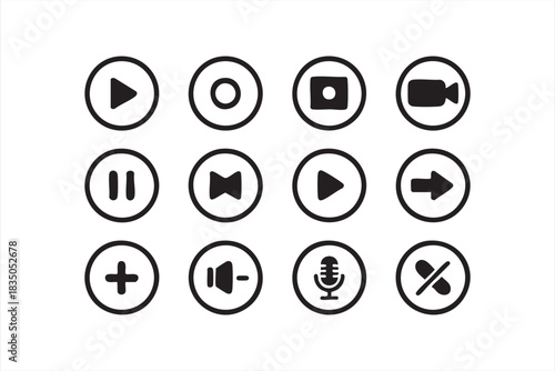 Clean line art playback icons for digital interfaces, multimedia layouts, and dashboards