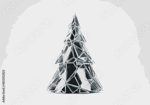 Geometric Silver Christmas Tree Sculpture with Triangular Facets and Metallic Sheen.