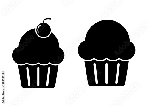 Two cupcake icons, one with a cherry on top and one with a smooth icing, representing desserts, baking, and sweet treats in a simple, minimalist vector design, perfect for food-related graphics