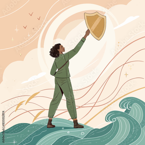 Woman holding shield against waves in olive clothing