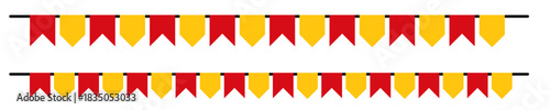 Colorful bunting flags in red and yellow, arranged in two rows, representing festive decoration, party, or celebration themes, designed in a clean, minimalist style for use in event graphics.