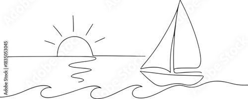Single continuous one line art sunny ocean travel vacation. Sea voyage sunrise holiday tropical island ship yacht luxury journey sunset concept design sketch outline drawing vector illustration art