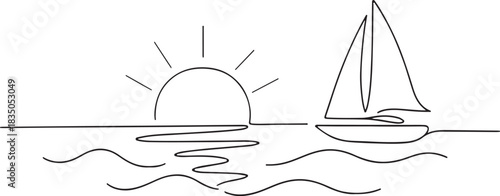 Single continuous one line art sunny ocean travel vacation. Sea voyage sunrise holiday tropical island ship yacht luxury journey sunset concept design sketch outline drawing vector illustration art