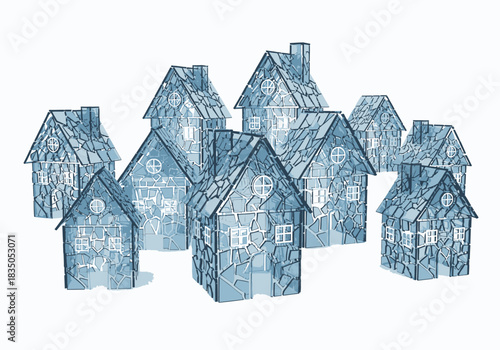 Abstract blue houses fragmented glasslike texture gabled roofs round and rectangular white windows.