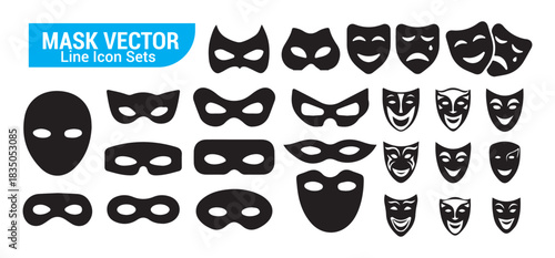 Set of various mask vector line icon sets including different styles of masquerade and theatre masks