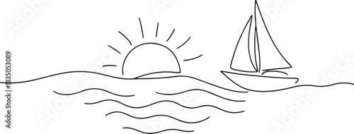 Single continuous one line art sunny ocean travel vacation. Sea voyage sunrise holiday tropical island ship yacht luxury journey sunset concept design sketch outline drawing vector illustration art