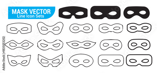 Black outline mask vector line icon sets. masquerade ball halloween carnival superhero mysterious face disguise costume