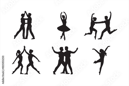 Black vector silhouettes of dancers and ballerina