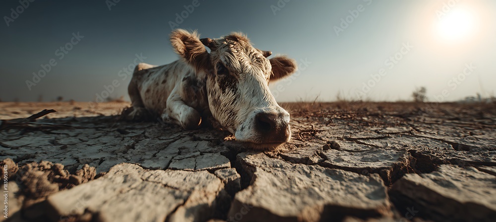 Fototapeta premium A dehydrated cow lies on severely cracked, dry earth under a harsh, bright sun, symbolizing drought