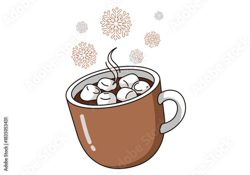 Cute cartoon mug of steaming hot chocolate with marshmallows and decorative snowflakes.