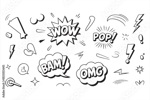 Dynamic Pop Art Comic Elements with Sound Effects and Lightning Icons