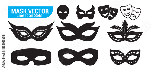 Black decorative mask vector line icon sets. masquerade ball halloween carnival superhero mysterious face disguise