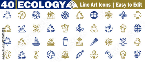 Collection of forty environmental and ecological linear design icons isolated on a background. 