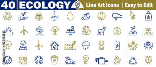 Collection of forty ecology line art icons in blue and gold, easy to edit vector format. 