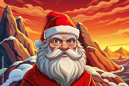 Santa stands on a snowy mountain cliff overlooking vast white peaks, creating a majestic and adventurous Christmas landscape