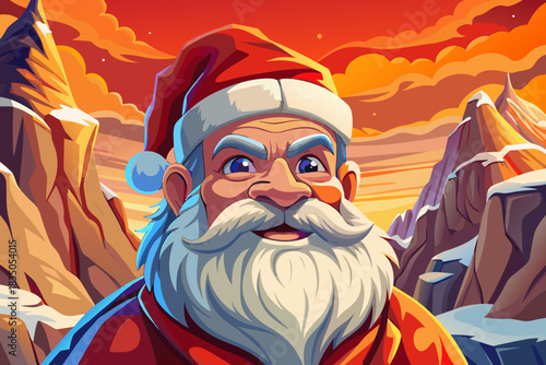 Santa stands on a snowy mountain cliff overlooking vast white peaks, creating a majestic and adventurous Christmas landscape