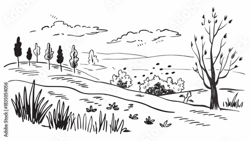 Very beautiful foggy autumn countryside morning with golden and amber leaves covering quiet trees, soft mist over fields, and a calm seasonal atmosphere embracing the warm tones of early fall.
