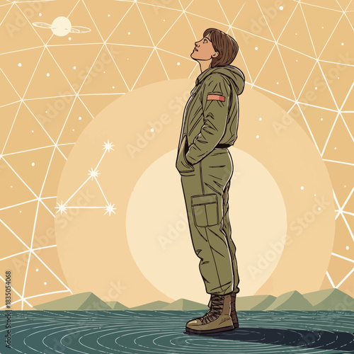 Woman in olive attire looking up at starry sky