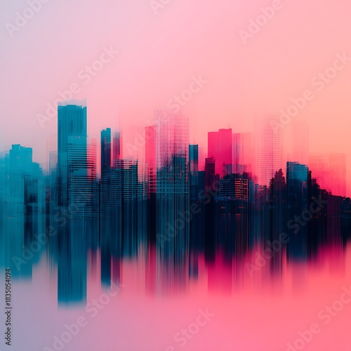 A vibrant, abstract city skyline reflecting on water, featuring shades of pink and blue, creating a dreamy, surreal atmosphere.