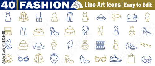 Fashion Line Art Icons Set of Clothing and Accessories in Vector Style, Isolated illustration. 