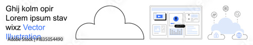 Cloud computing, data management, technology integration, IT infrastructure, online storage, digital tools. Cloud icon with dashboard and network elements. Cloud computing and data management concept