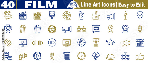 Film industry linear golden vector icons set representing different film production elements.