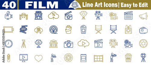 Set of 40 film icons, line art icons, easy-to-edit symbol elements for the film industry video vector illustration. 