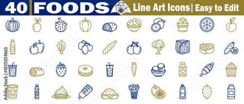 Set of 40 food line art icons vector, easy to edit, collection for a culinary project vector illustration. 