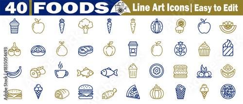 Set of 40 food line art icons vector, easy to edit for a culinary advertisement idea vector illustration. 