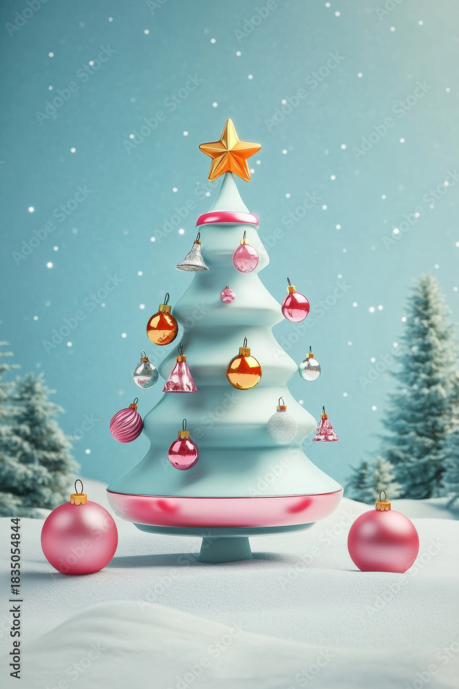 Obraz premium Stylized Christmas tree decorated with pink and gold ornaments and a star on top, standing in a snowy winter landscape. A minimal and modern festive scene.