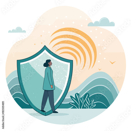 Woman protected by a teal shield in an outdoor landscape