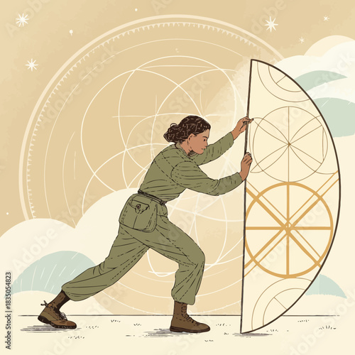 Woman shaping a geometric design with cosmic elements