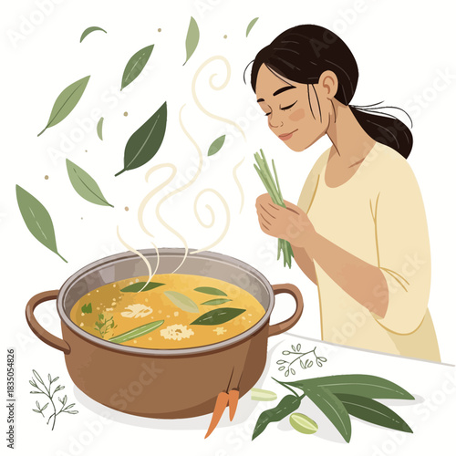 Woman smelling herbs while cooking a flavorful soup