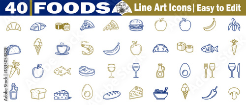 40 foods line art icons vector illustration set, easy to edit for your project needs. 