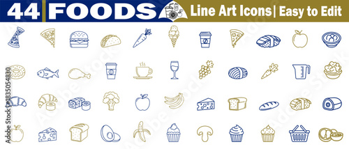 44 food line art icons vector illustration set, easy to edit for your project needs. 
