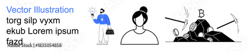 Innovation, work, cryptocurrency, technology, business, creativity. Businessperson holds lightbulb, woman in outline digital mining symbols with pickaxes and a bitcoin. Innovation and business