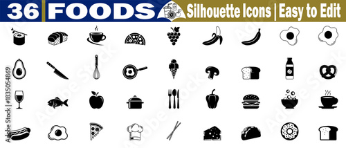 36 foods silhouette icons vector illustration set, easy to edit for your project needs elements. 