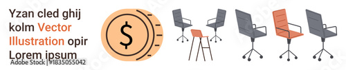 Business revenue, workplace planning, office furniture, financial growth, interior design, corporate setup. Multiple office chairs next to a dollar coin symbol. Business revenue and workplace