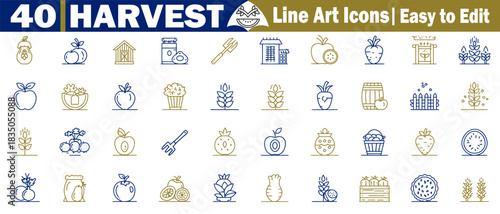 Harvest season with fruits and vegetable icons line art isolated on a transparent background vector illustration. 