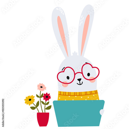 A cute rabbit working on a laptop. Vector illustration in a simple children's style on a white background. . Vector illustration