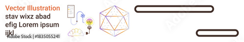 Education, creativity, innovation, science, geometric concepts, abstract design. A geometric shape paired with a brain, lightbulb and text creates a conceptual scene. Education and creativity