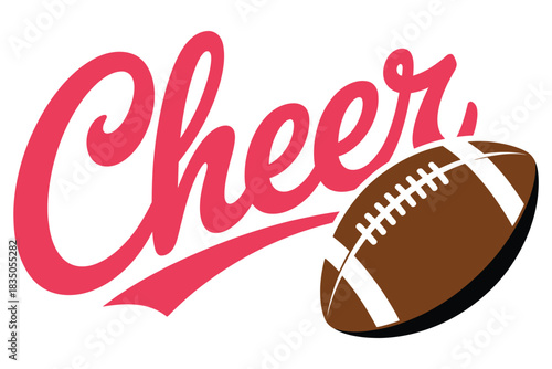 Cheer script with football and bow design, playful cheerleading graphic featuring pink script text, football with stitches, and matching pink bow, perfect for spirited sports themes, team apparel, eve