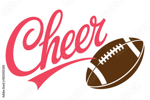 Cheer script with football and bow design, playful cheerleading graphic featuring pink script text, football with stitches, and matching pink bow, perfect for spirited sports themes, team apparel, eve