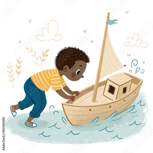 Young boy plays with toy sailboat in the water