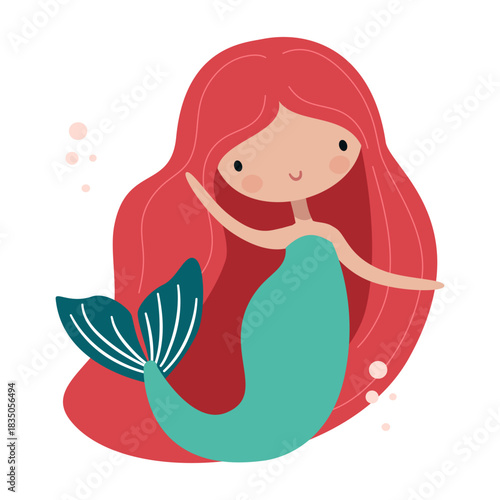 Cute mermaid with long black hair, naive art. Flat vector illustration . Vector illustration