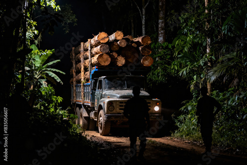 Truck transporting illegal logging timber through dark forest at night with silhouettes of workers nearby