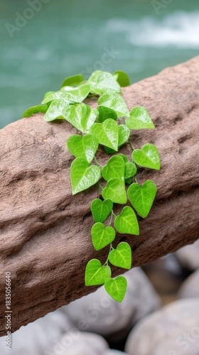 Green Vine Growing on Driftwood with Blurred Water Background