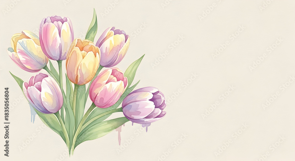 Fototapeta premium Delicate watercolor tulips in pastel shades create a stunning floral design perfect for spring weddings or elegant invitations and feminine branding projects