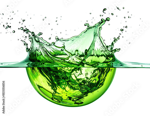 Green fluid bursts, creating crown splash on black bg